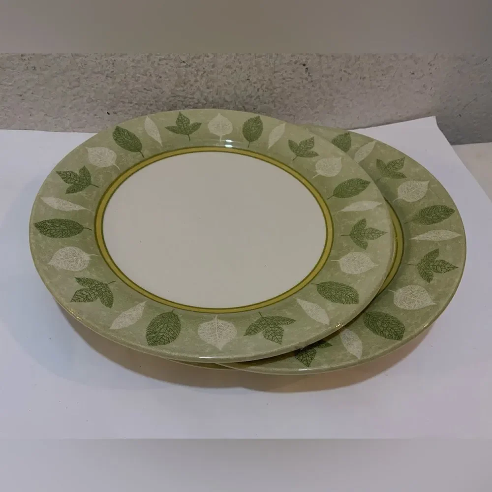 2 Creative dinner plates White&Green Leaves On Green Band, No Trim 10.5” RARE